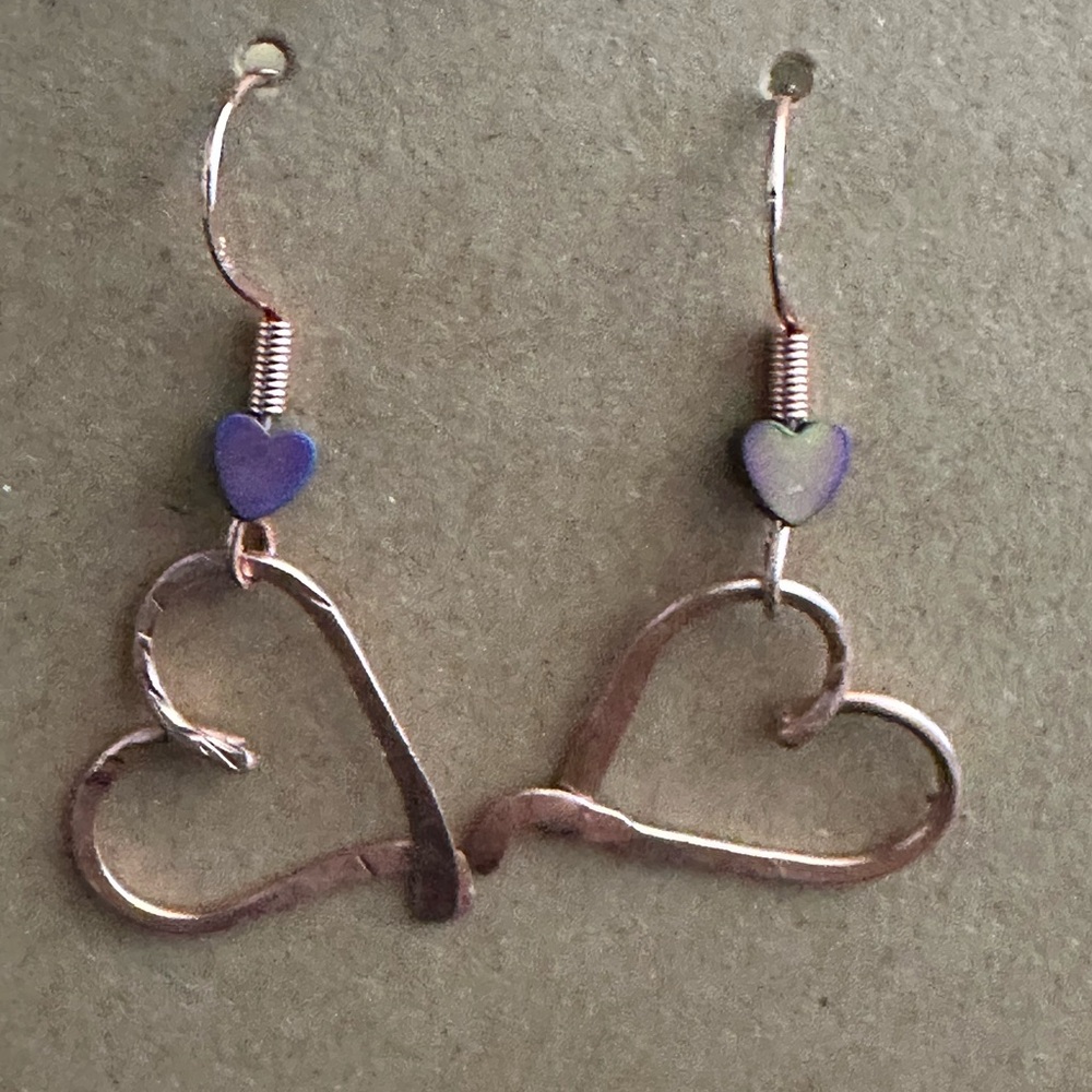 Heart-Shaped Copper Earrings with Purple Heart Accents